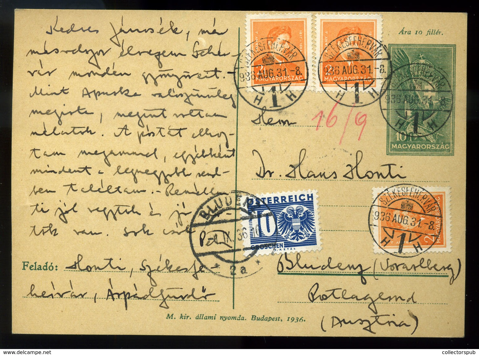 SZÉKESFEHÉRVÁR 1936. Kiegészített Díjjegyes Levlap Ausztriába Küldve, Portózva "Postlagernd"  /  Uprated Stationery P.ca - Covers & Documents