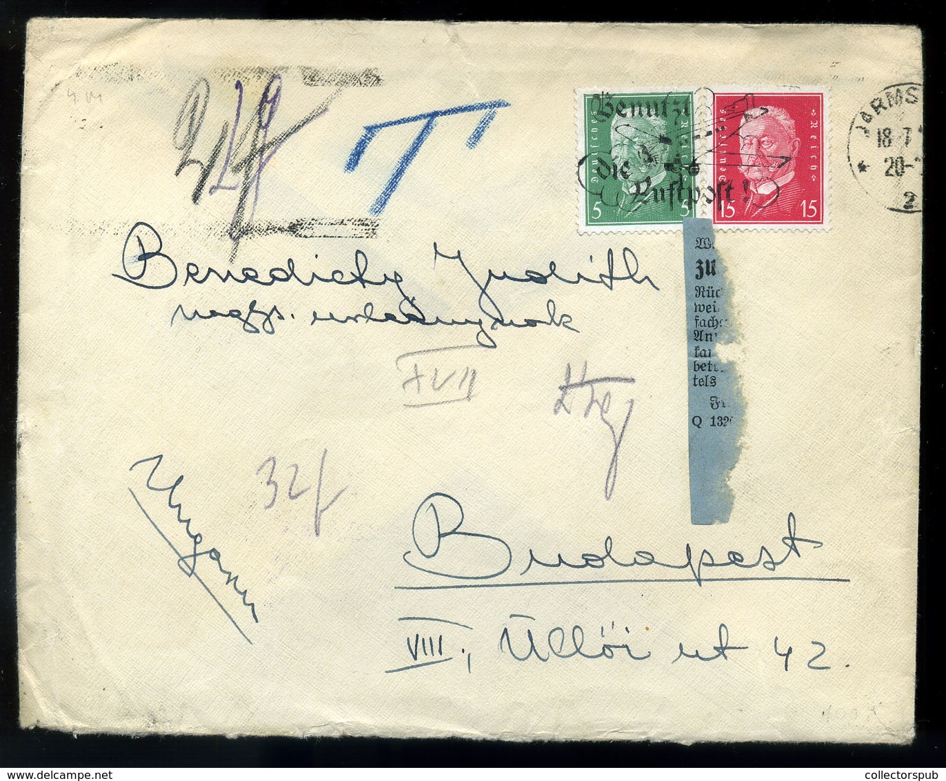1929. Levél Németországból Budapestre " Absender Nicht Zu Ermittein" Bélyegzéssel, Nyolcbélyeges Portózással, Ritka Dara - Lettres & Documents