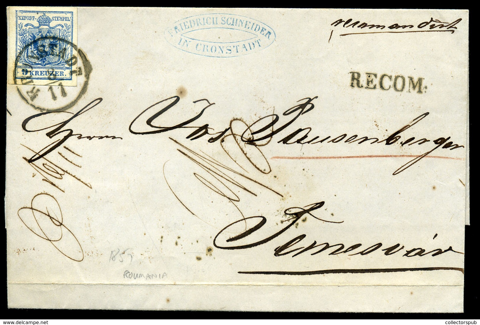 BRASSÓ 1857. Ajánlott Levél 9kr + 6Kr-ral ( Elvágva) Temesvárra Küldve - Used Stamps