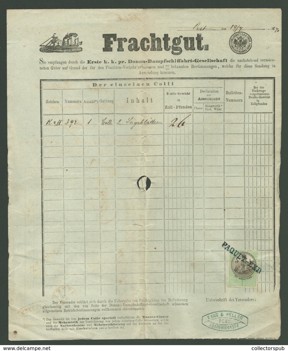 DDSG 1870. DekoratívFuvarlevél , Okmánybélyeggel Pest-Vác  / - Lettres & Documents