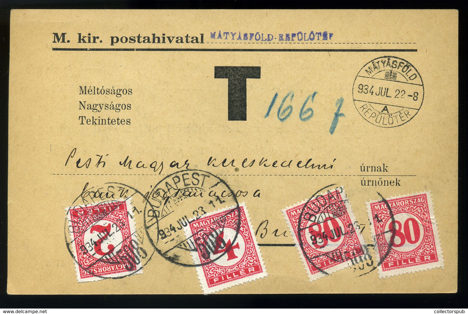 BUDAPEST 1934. értesítés Egy Bostonból Küldött Expressz Légi Levél Után Járó Díjfizetésről  166f-es Négybélyeges Portózá - Port Dû (Taxe)