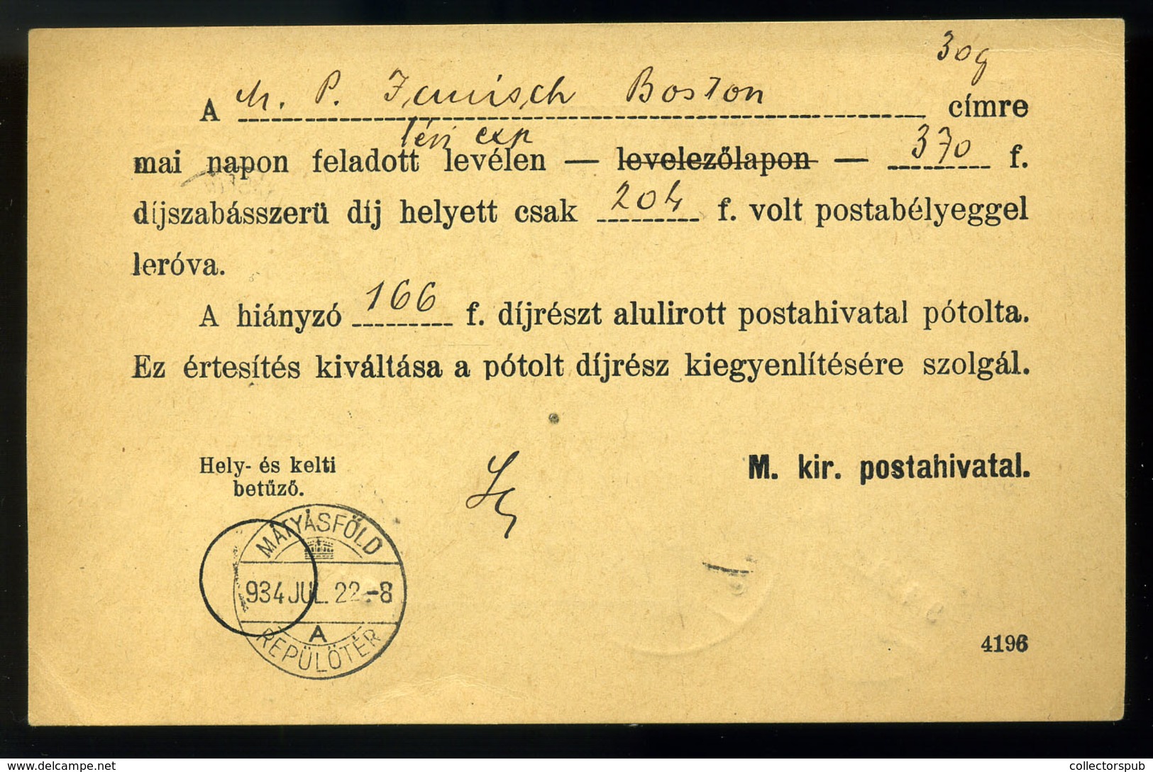 BUDAPEST 1934. értesítés Egy Bostonból Küldött Expressz Légi Levél Után Járó Díjfizetésről  166f-es Négybélyeges Portózá - Portomarken
