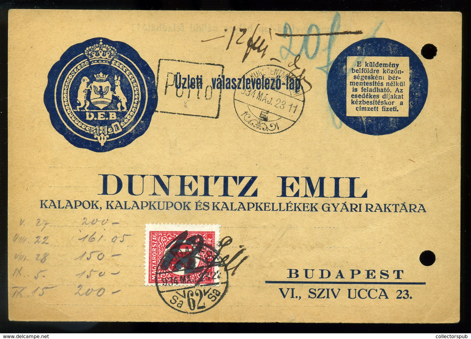 KUNSZENTMÁRTON 1934. Céges, üzleti Válasz Levlap, Budapestre Küldve, Látványos és Ritka, Javított Portózással! - Postage Due