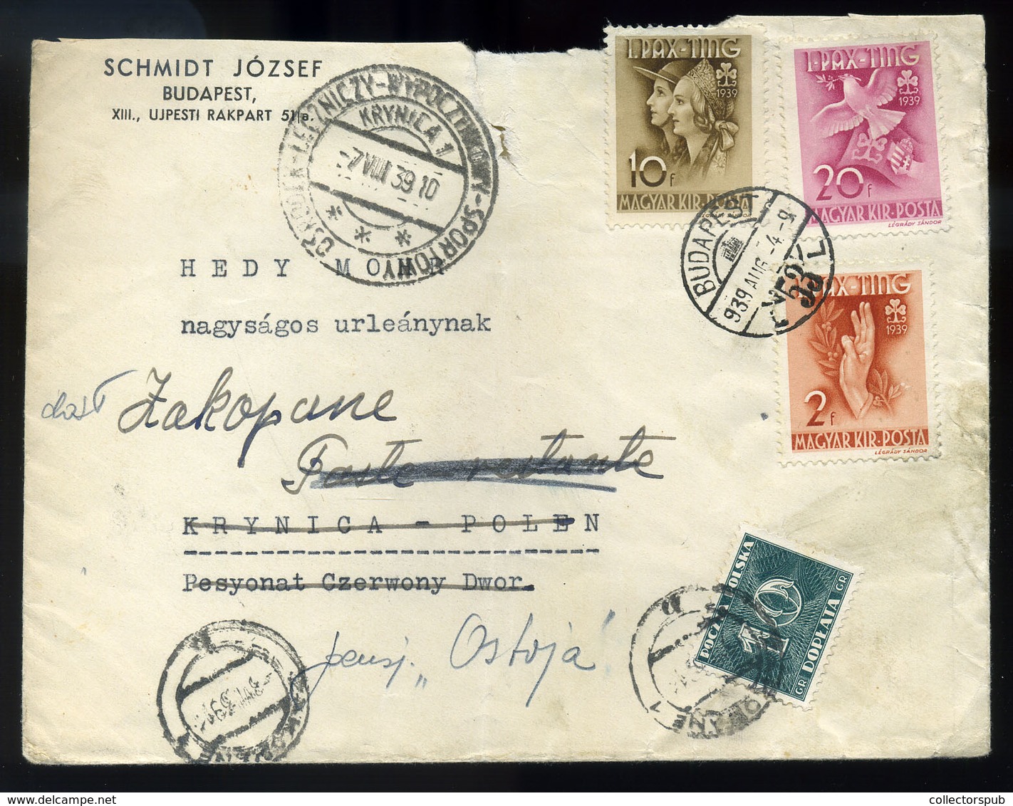 BUDAPEST 1939. Levél Pax Ting Bélyegekkel Lengyelországba Küldve, Portózva - Brieven En Documenten