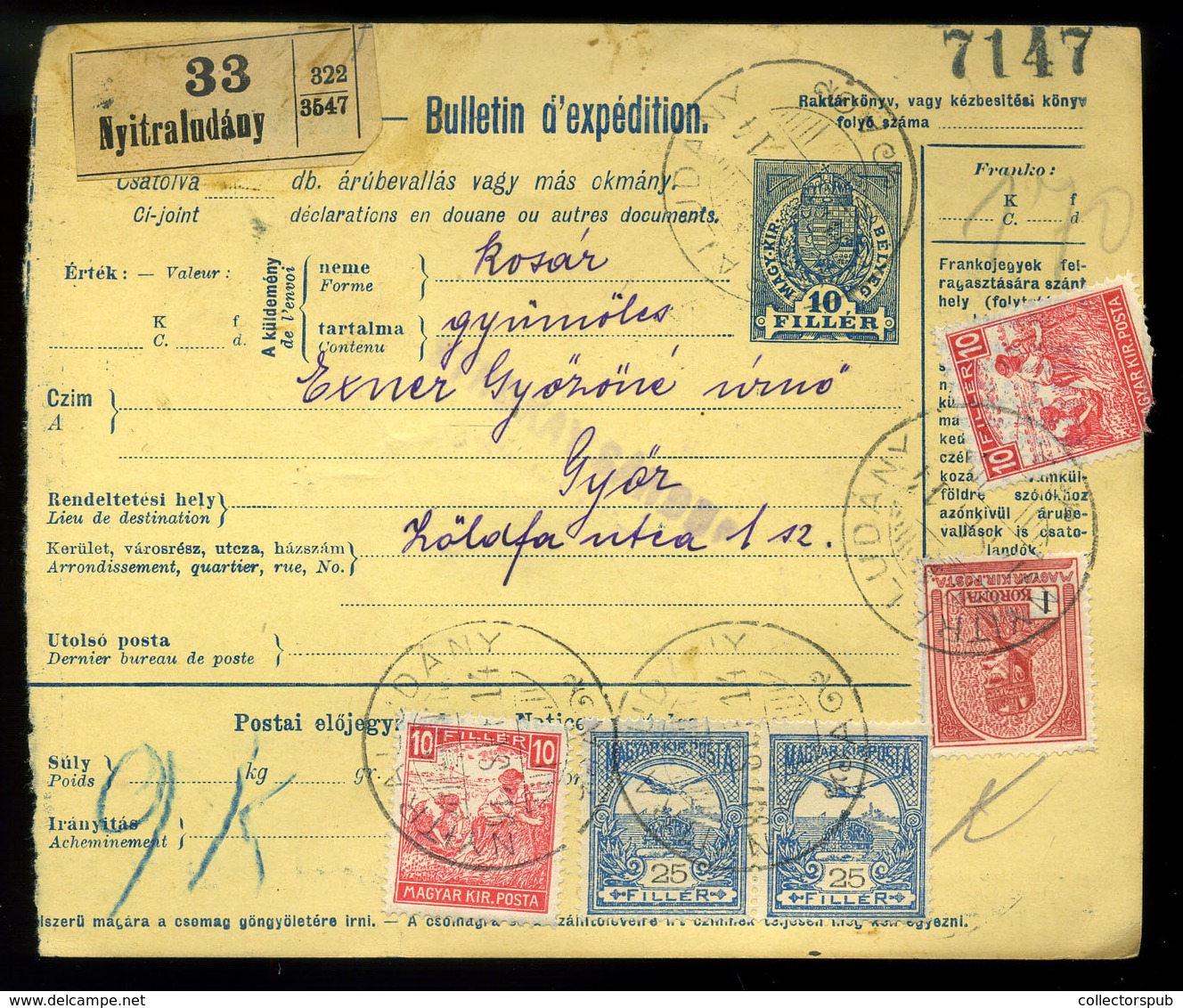 NYITRALUDÁNY 1917. Csomagszállító, Vegyes Bérmentesítéssel Győrbe Küldve - Gebraucht