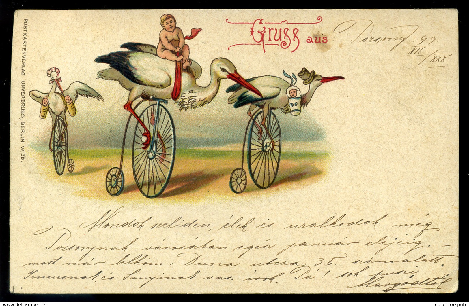 1899. Kerékpár, Gólya  Litho Képeslap Pozsony 1899.  /  Bicycle Litho Vintage Pic. P.card - Ungarn