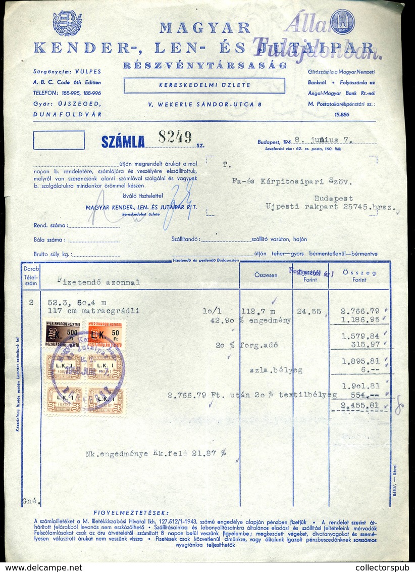 BUDAPEST 1948. 4db Céges Számla Nyersanyagbehozatali Hozzájárulás Illetékbélyegekkel! Ritka Tétel!  /  1948 3 Corp. Bill - Covers & Documents