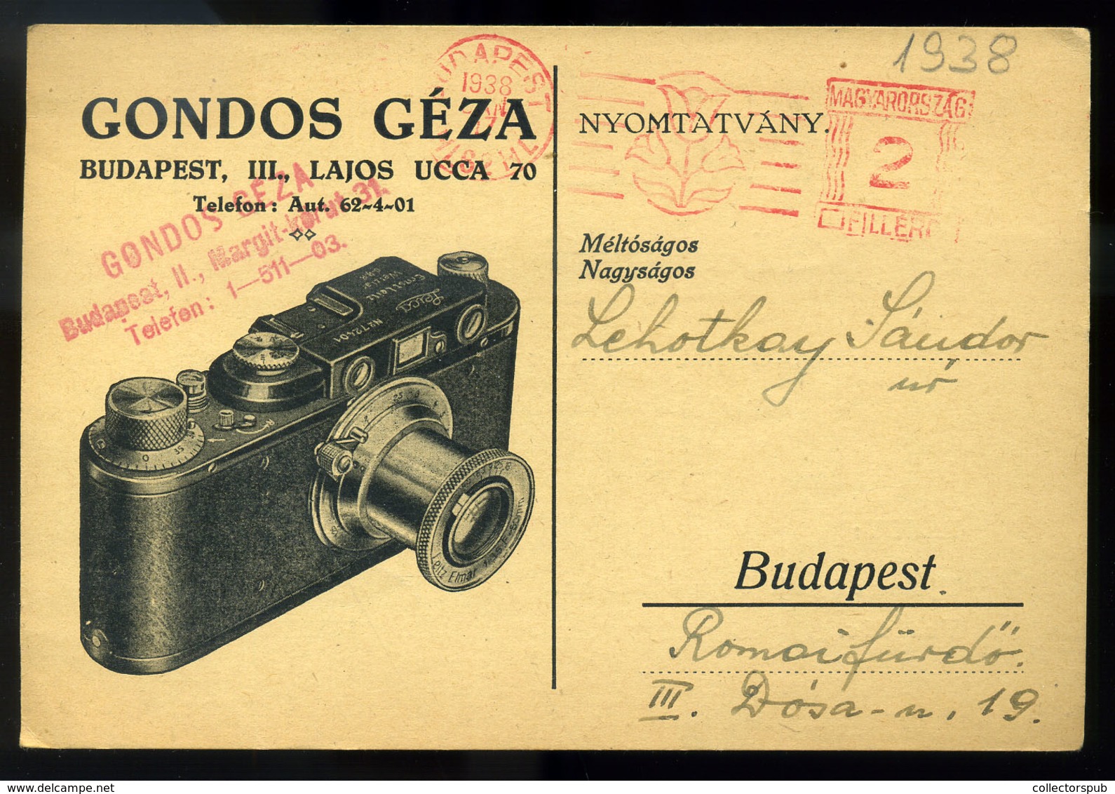 BUDAPEST 1938. Margit Körút, Gondos Géza  Fotó üzlet, Francotyp Reklám Levlap - Covers & Documents