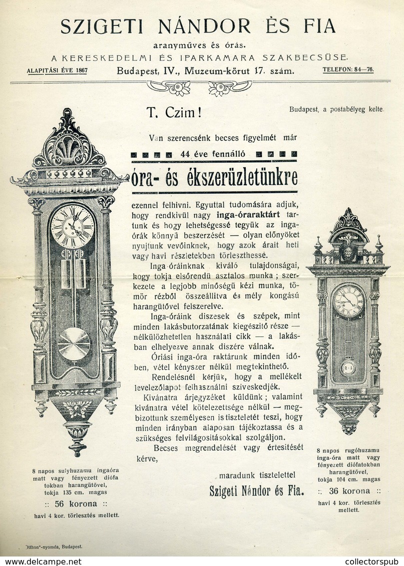 BUDAPEST 1920. Szigeti Nándor és Fia Óra és ékszerüzlet , Dekoratív Fejléces , Céges Levél - Non Classés