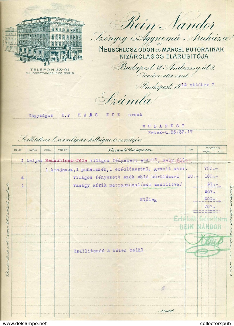 BUDAPEST 1912. Rein Nándor, Szőnyeg és Ágynemű Fejléces,céges Számla - Zonder Classificatie