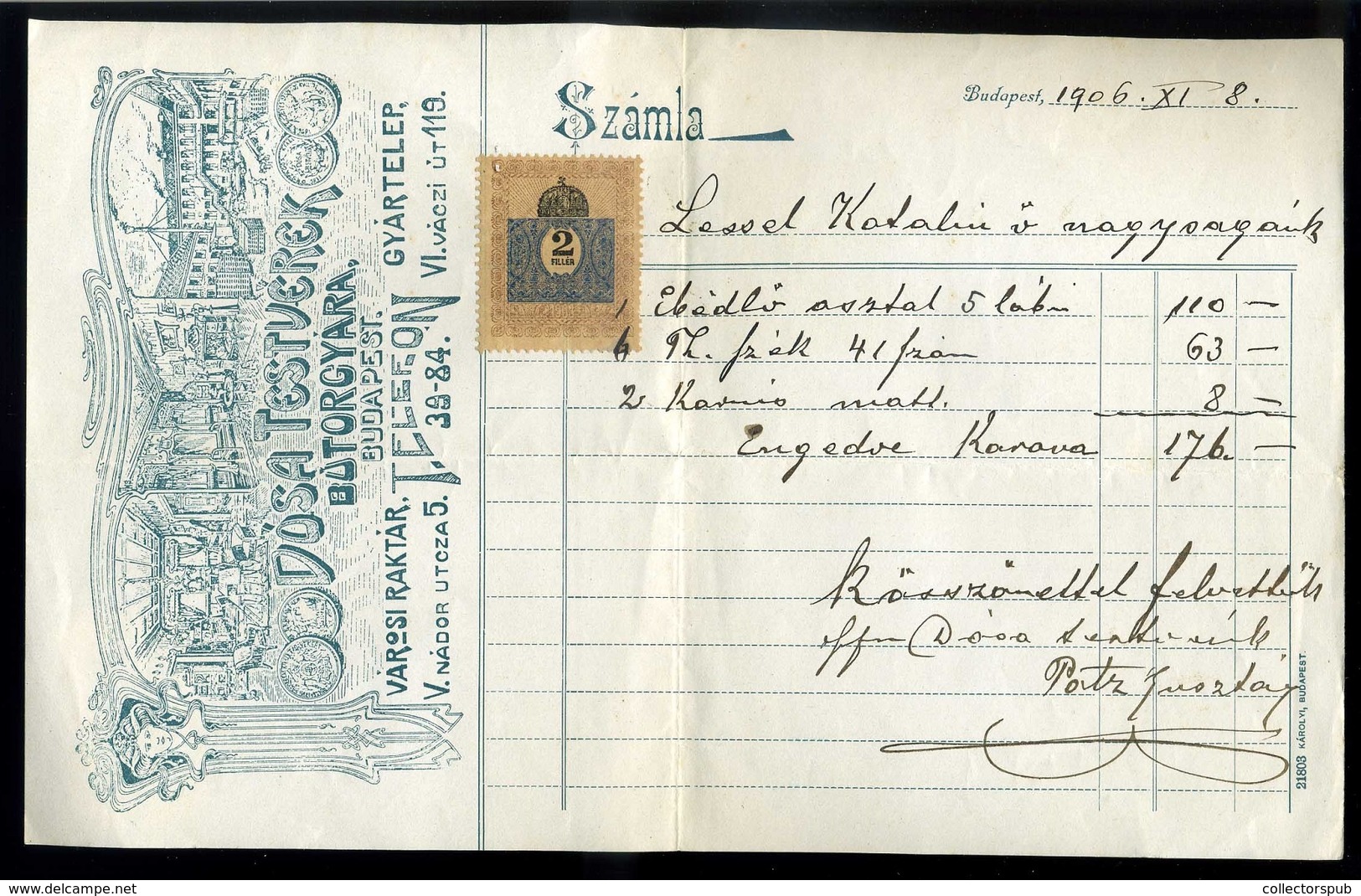 BUDAPEST 1906. Dósa Testvérek, Bútorgyár Fejléces , Céges Számla - Zonder Classificatie