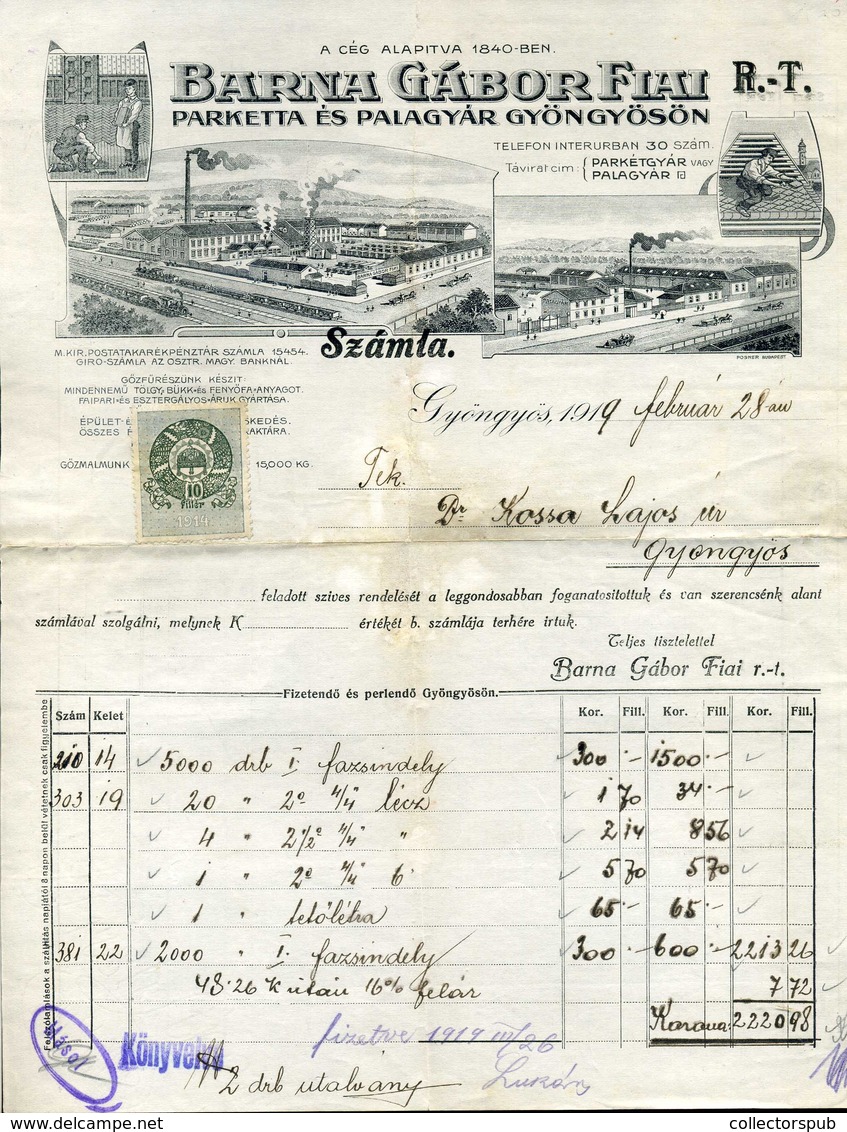 GYÖNGYÖS 1919. Barna Gábor Fiai Rt. Fejléces , Céges Számla - Zonder Classificatie