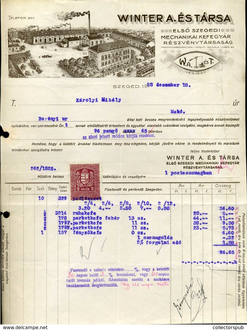 SZEGED 1928. Winter A. és Társa Fejléces , Céges Számla - Zonder Classificatie