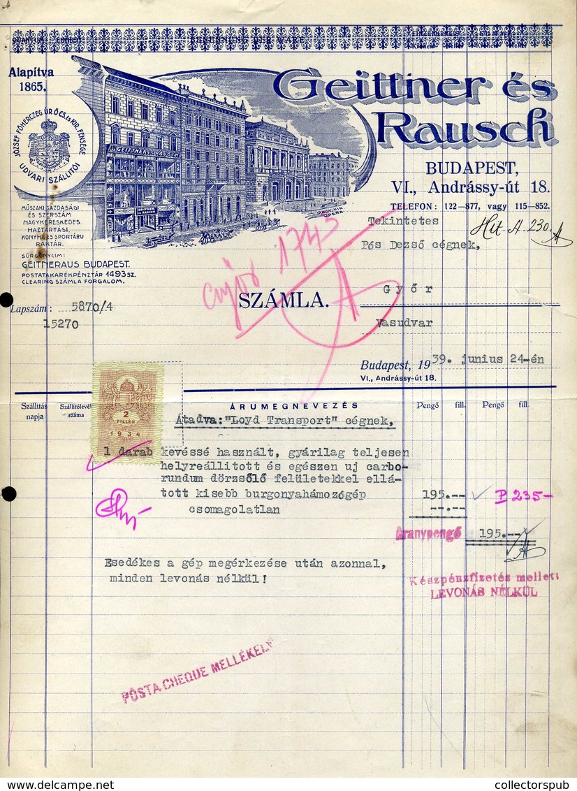 BUDAPEST 1939. Geittner és Rauch  Fejléces , Céges Számla - Ohne Zuordnung