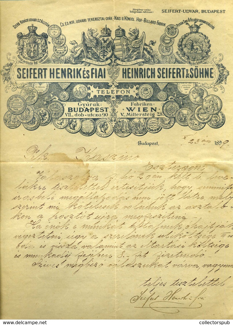 BUDAPEST 1899. Seifert Henrik és Fiai Tekeasztal Gyár, Fejléces , Céges Levél - Zonder Classificatie