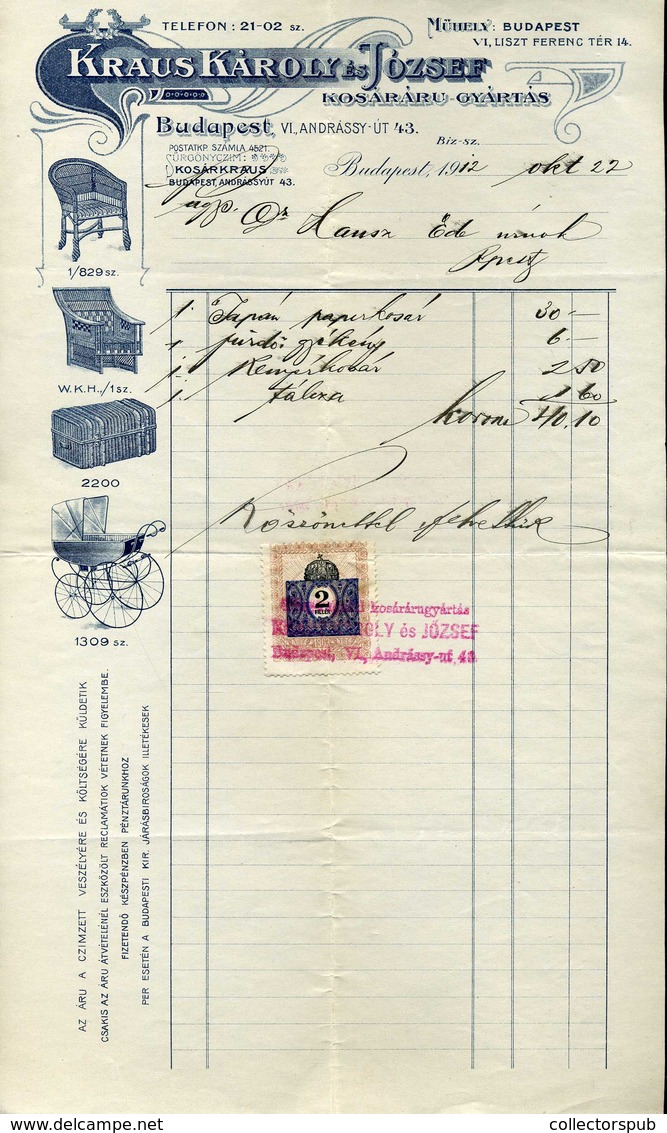 BUDAPEST 1912. Kraus Károly és József, Kosáráru , Fejléces, Céges Számla - Unclassified