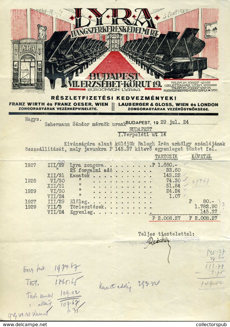 BUDAPEST 1929. Lyra Hangszerkereskedelmi Rt. , Fejléces, Céges Számla - Non Classificati