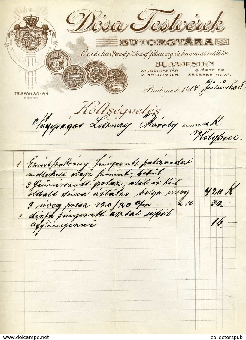 BUDAPEST 1914. Dósa Testvérek Bútorgyár, Fejléces, Céges Számla - Non Classés