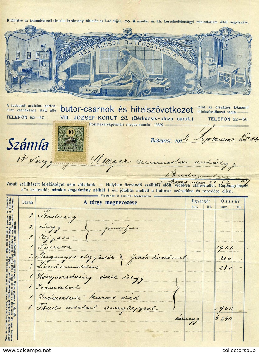 BUDAPEST 1912. Asztalosok Bútorcsarnoka  Fejléces, Céges Számla - Unclassified