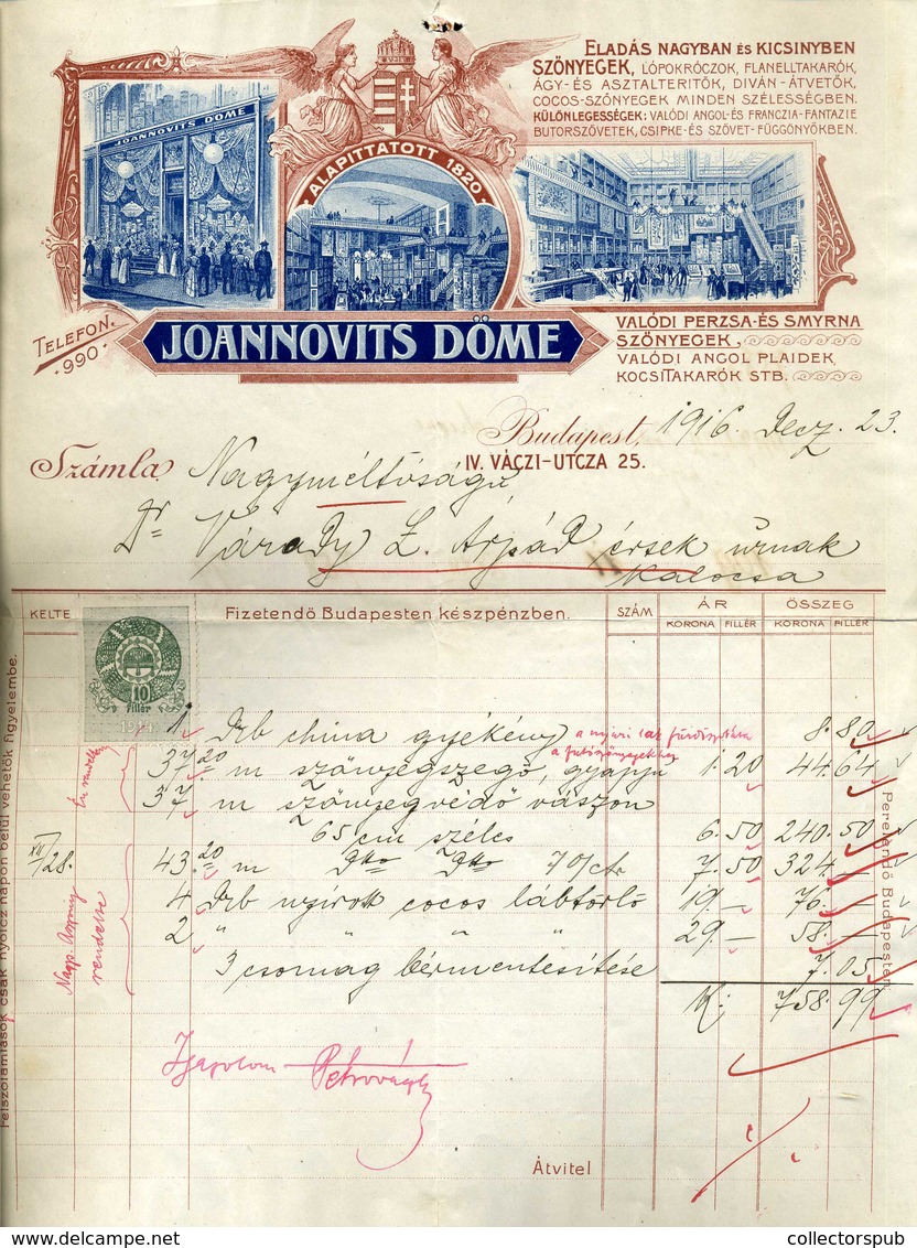 BUDAPEST 1916. Joannovits Döme  Fejléces, Céges Számla - Unclassified