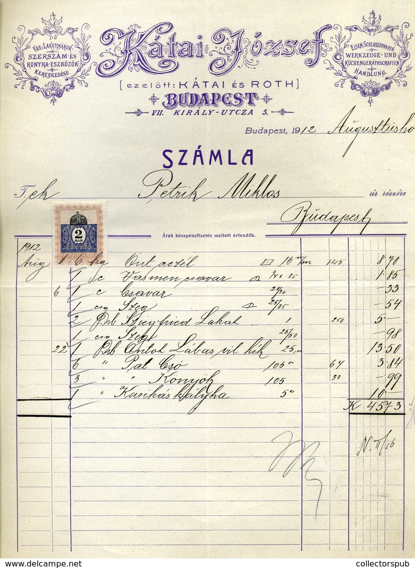 BUDAPEST 1912. Kátai József , Konyha Eszközök, Fejléces, Céges Számla - Non Classificati