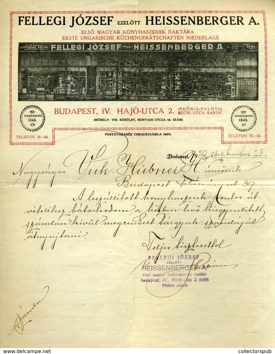 BUDAPEST 1920. Fellegi, Heissenberger  Konyhaszerek , Fejléces, Céges Számla - Non Classés