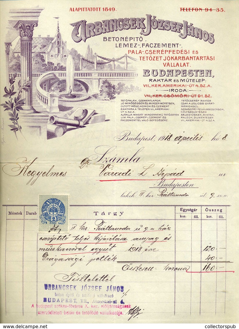 BUDAPEST 1918. Urbancsek János , VII Amerikai út, Fejléces,céges Számla - Zonder Classificatie