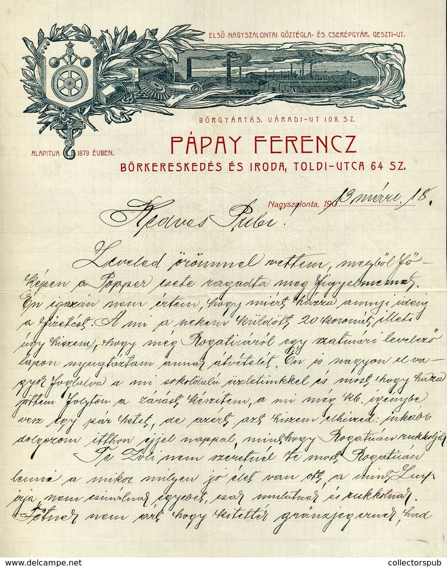 NAGYSZALONTA 1913. Pápay Ferenc, BőrKereskedés Fejléces,céges Levél - Non Classés
