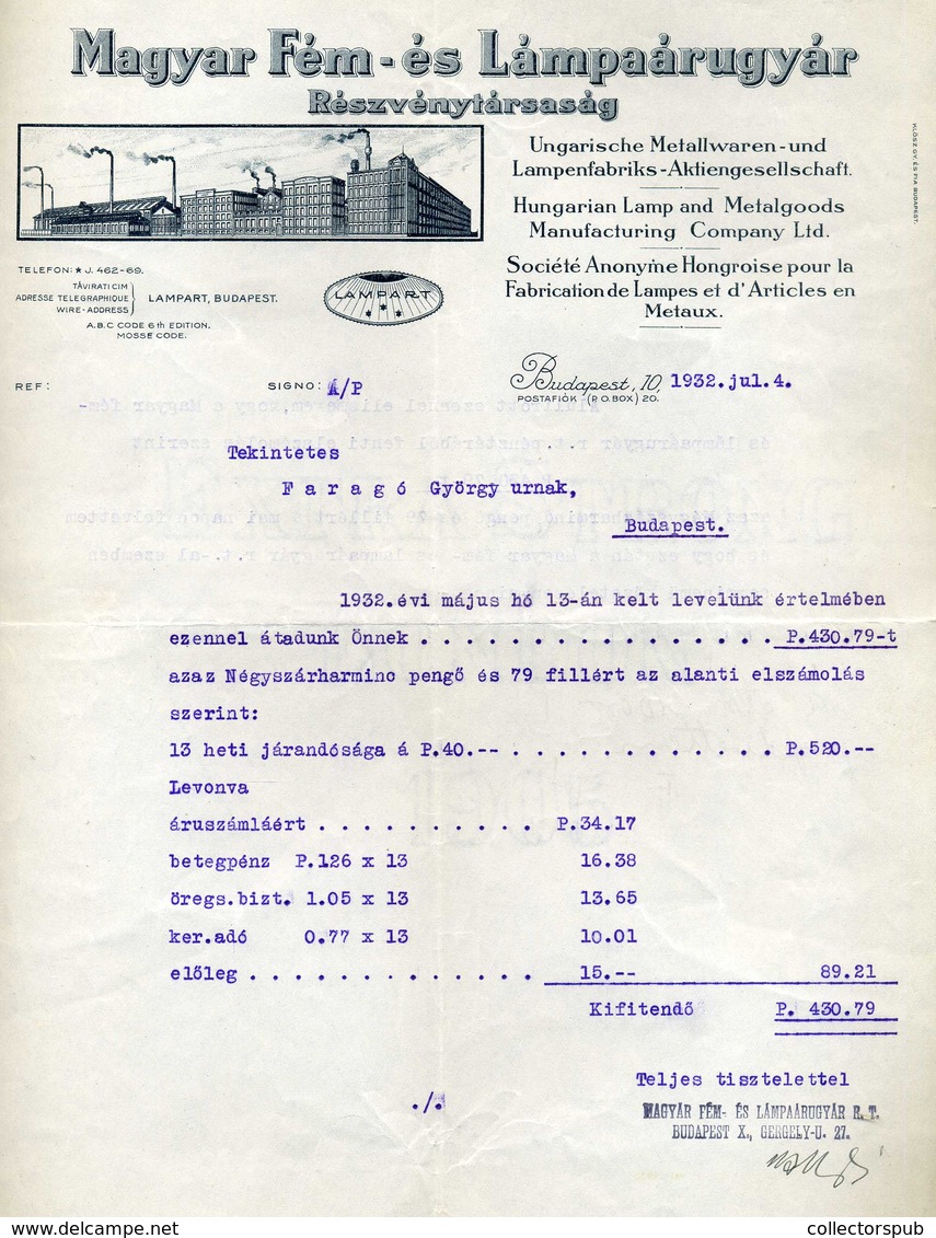 BUDAPEST 1932. Magyar Fém és Lámpagyár Fejléces Céges Számla - Non Classificati