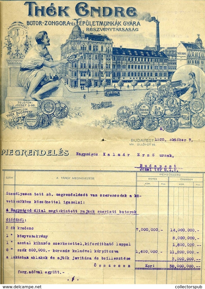 BUDAPEST 1925. Thék Endre , Bútor, Zongora és épületmunkák, Fejléces Céges Számla - Zonder Classificatie