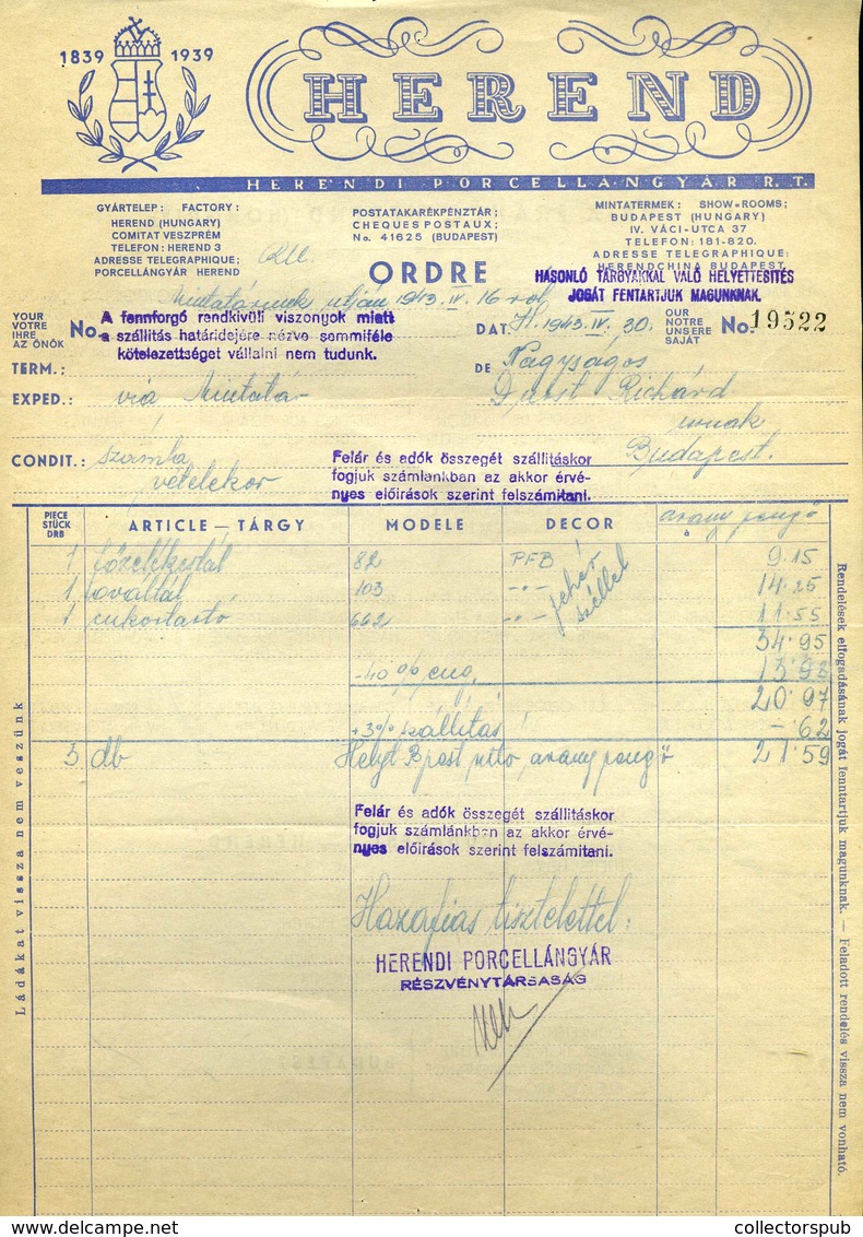 BUDAPEST 1943. Herend Porcellángyár, Fejléces Céges Számla - Unclassified