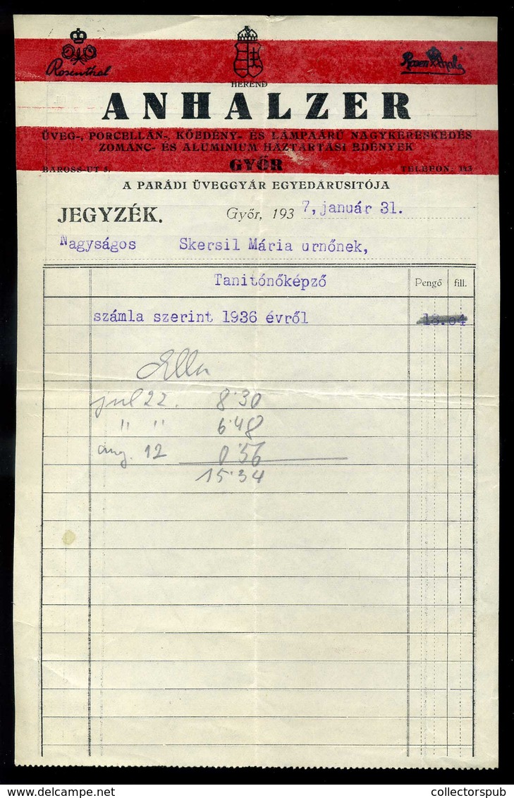 GYŐR 1937. Anhalzer, Porcellán, Fejléces,céges Számla - Zonder Classificatie