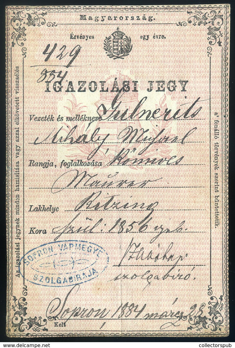 SOPRON 1884. Igazolványi Jegy, Okmány Bélyeggel - Briefe U. Dokumente