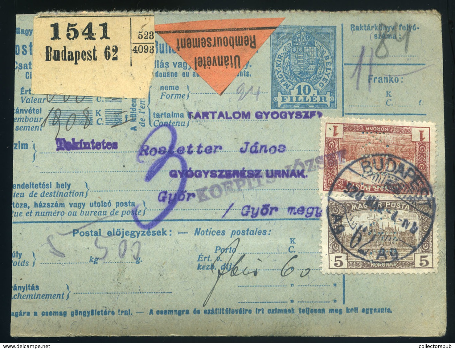 BUDAPEST 1920. Csomagszállító, Céglyukasztásos Bélyegekkel Győrbe Küldve - Lettres & Documents