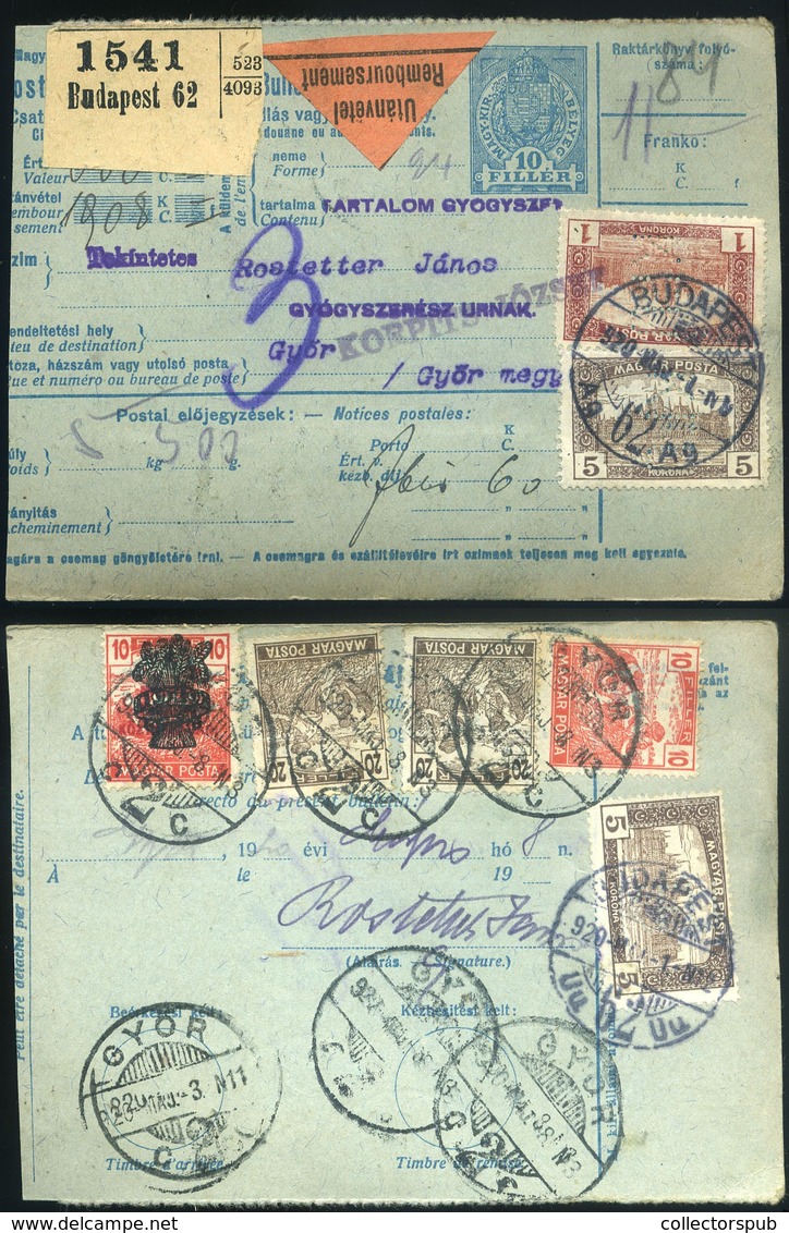 BUDAPEST 1920. Csomagszállító, Céglyukasztásos Bélyegekkel Győrbe Küldve - Covers & Documents