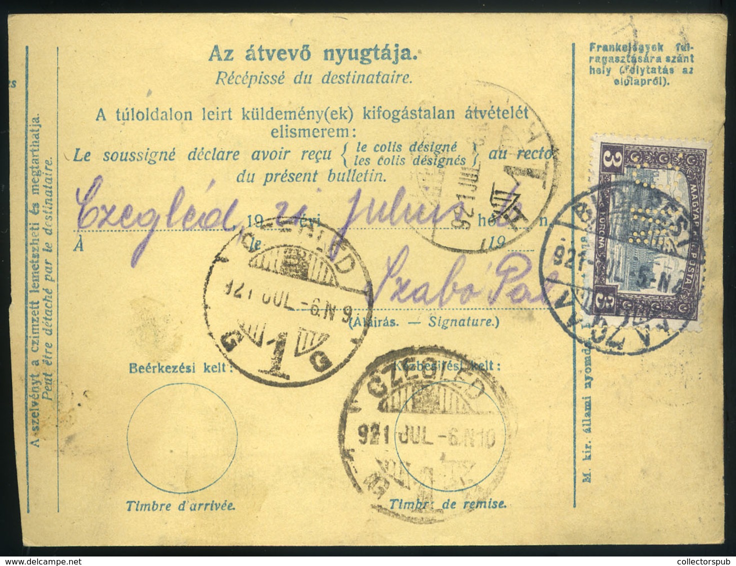 BUDAPEST 1921. Csomagszállító, Céglyukasztásos Bélyegekkel Ceglédre Küldve - Brieven En Documenten