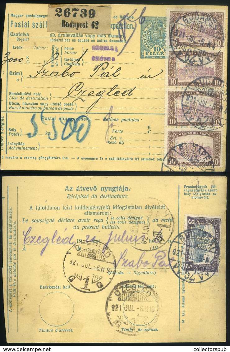 BUDAPEST 1921. Csomagszállító, Céglyukasztásos Bélyegekkel Ceglédre Küldve - Lettres & Documents