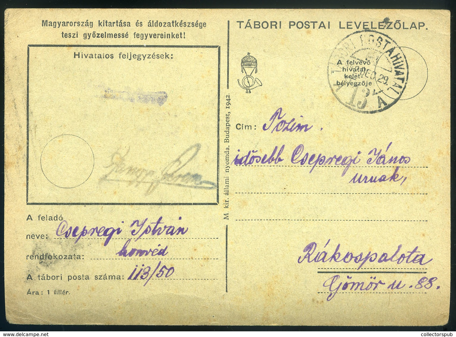 II. VH  1943. Rajzos Tábori Posta Levlap Rákospalotára Küldve - Brieven En Documenten