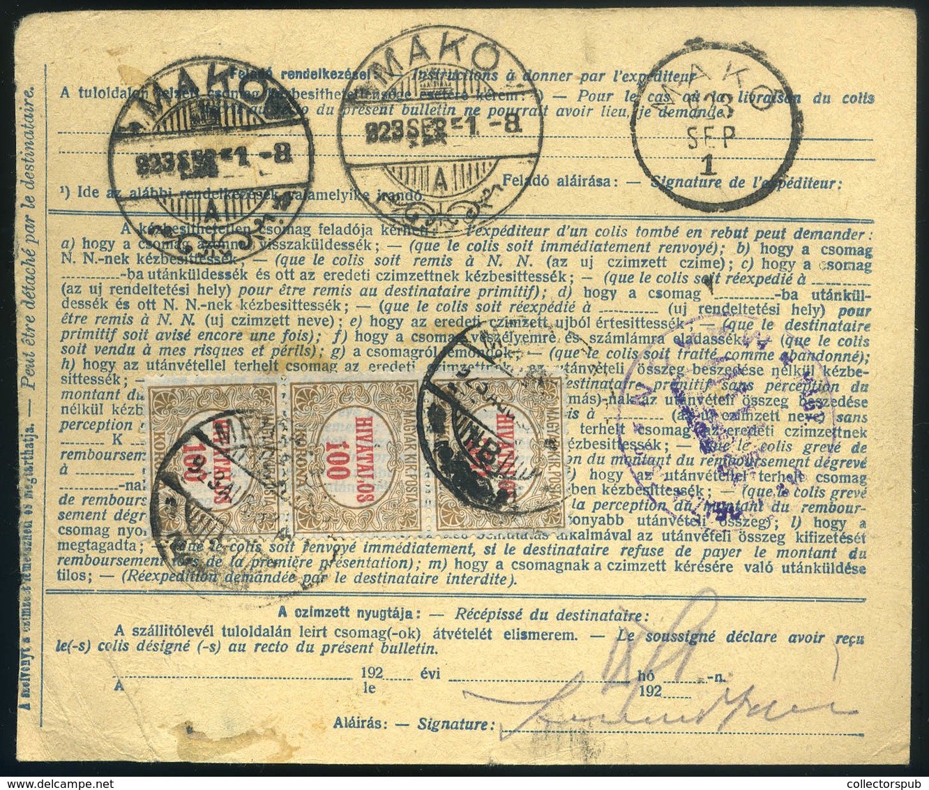 MEZŐTÚR 1923. Csomagszállító Okmány Bélyeggel és Hivatalos Bélyegekkel Makóra Küldve - Briefe U. Dokumente