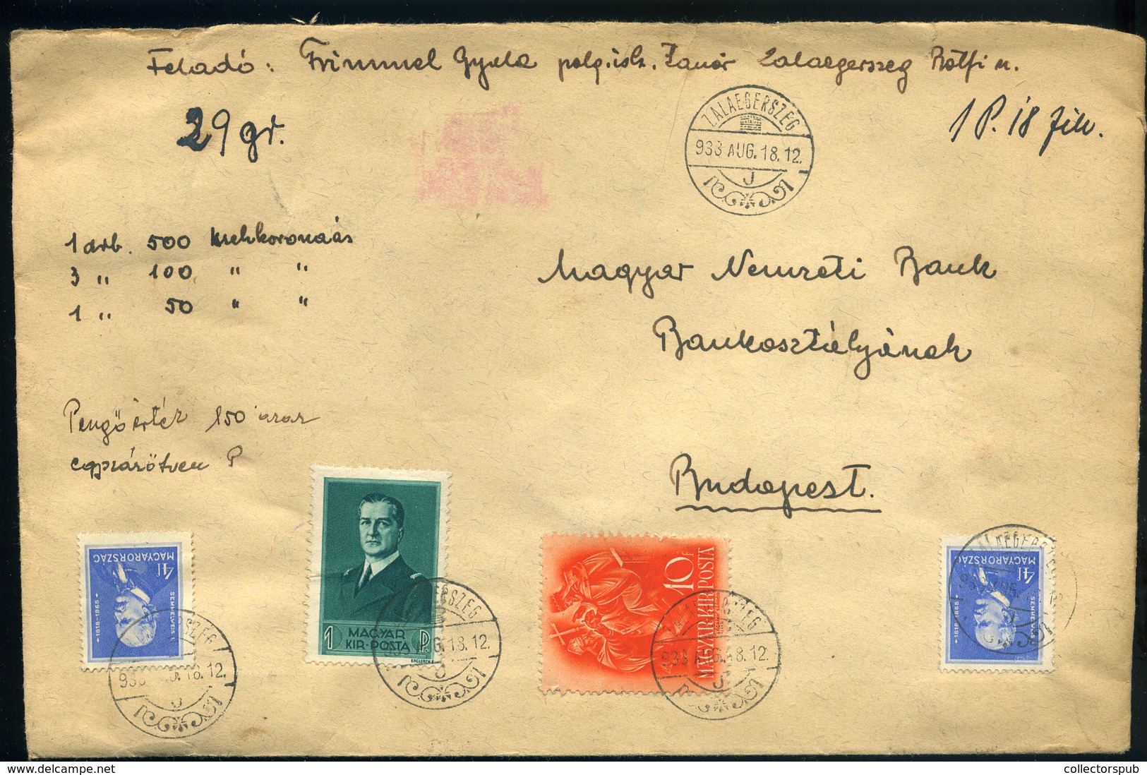 ZALAEGERSZEG 1933. Értéklevél, Négybélyeges Vegyes Bérmentesítéssel Budapestre - Lettres & Documents