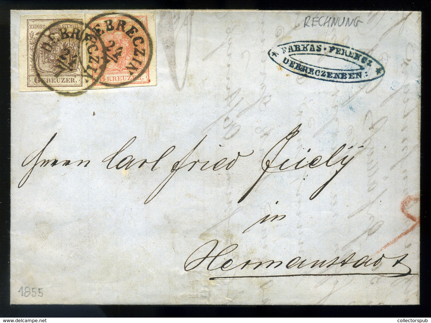 DEBRECEN 1855. Farkas Ferenc, Dekoratív, Postázott Számla Levél 6Kr+3Kr-ral Nagyszebenbe Küldve - Used Stamps