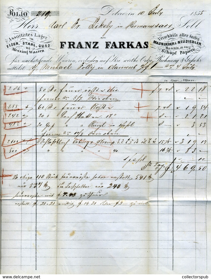 DEBRECEN 1855. Farkas Ferenc, Dekoratív, Postázott Számla Levél 6Kr+3Kr-ral Nagyszebenbe Küldve - Oblitérés
