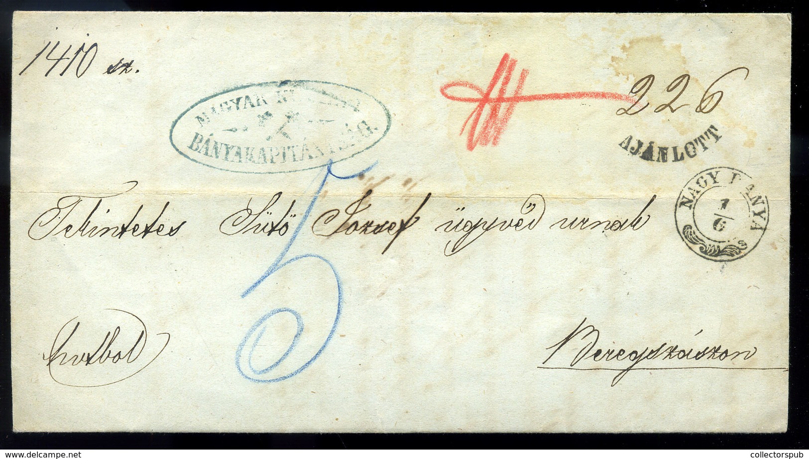 NAGYBÁNYA 1869. Bányakapitányság, Dekoratív , Ajánlott Portós Levél , Tartalommal Beregszászra Küldve  /  Mine HQ Decora - ...-1867 Prephilately