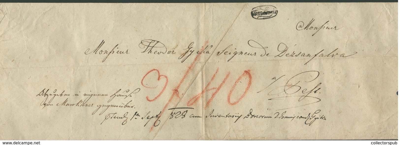 TEMESVÁR 1828.  45cm X 16.5cmm Méretű 'óriás Levél 3f40Kr Portózással Pestre Küldve.  A Legmagasabb Ismert 'normál' Bérm - ...-1867 Prephilately