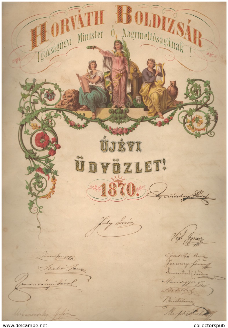 1870. 35*50 Cm -es Dekoratív Litografált újévi üdvözlő Diploma Horváth Boldizsár Igazságügyi Miniszter Részére , Több Mi - Ohne Zuordnung