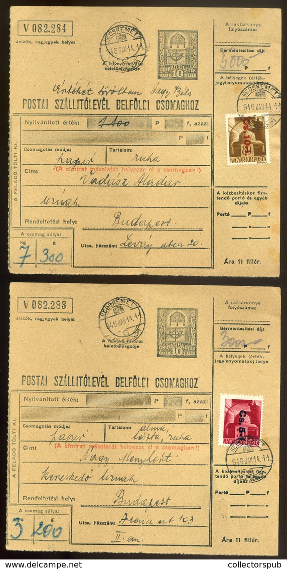 KECSKEMÉT 1946.01. 2db Inflációs Csomagszállító Budapestre , Egybélyeges Cs,5-I Ill. Cs.10-I Bérmentesítéssel - Covers & Documents