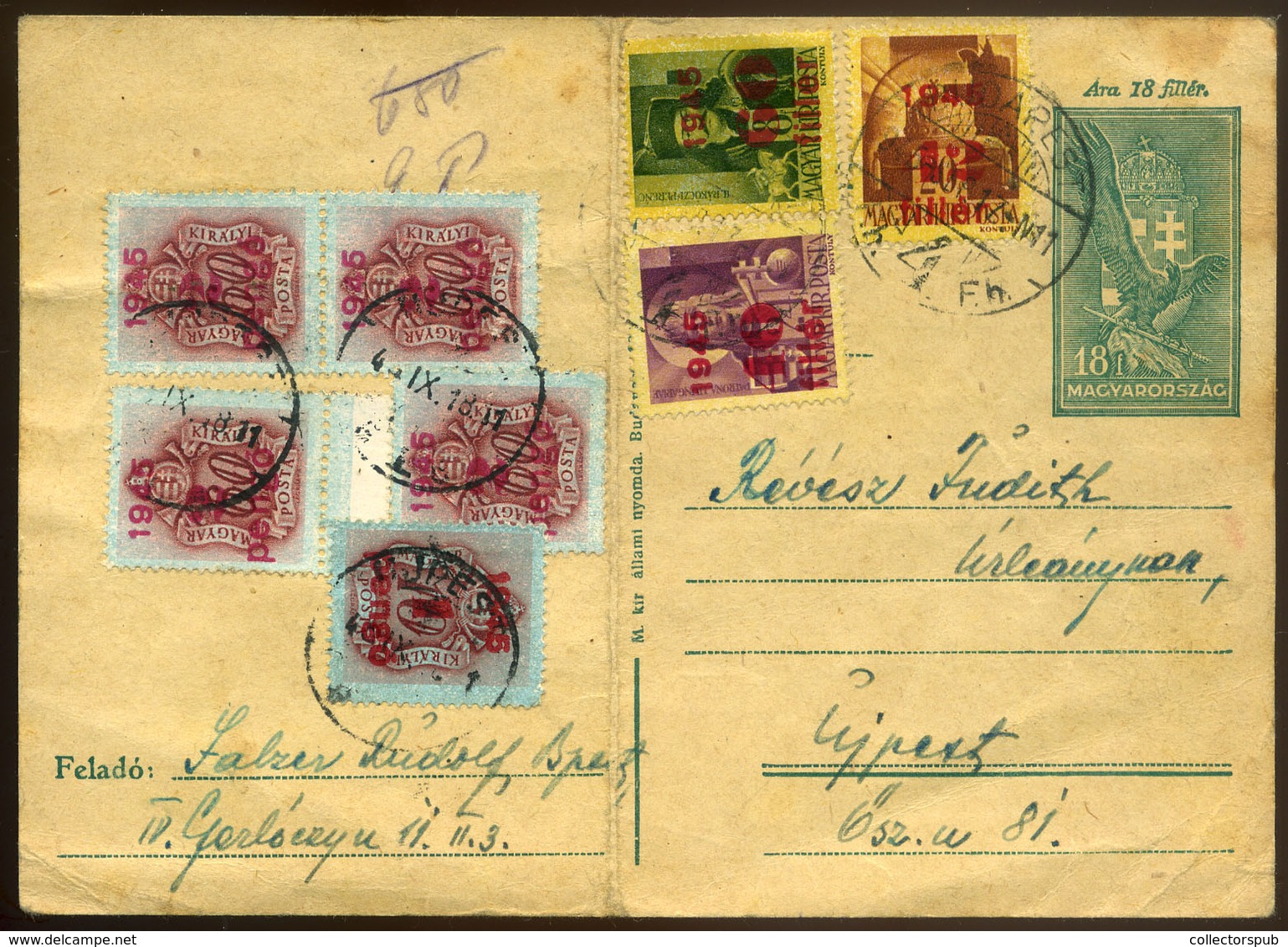 BUDAPEST 1945.09. Kiegészített,helyi Díjjegyes Levlap, ötbélyeges Portózással  /  Uprated Local Stationery P.card 5 Stam - Lettres & Documents