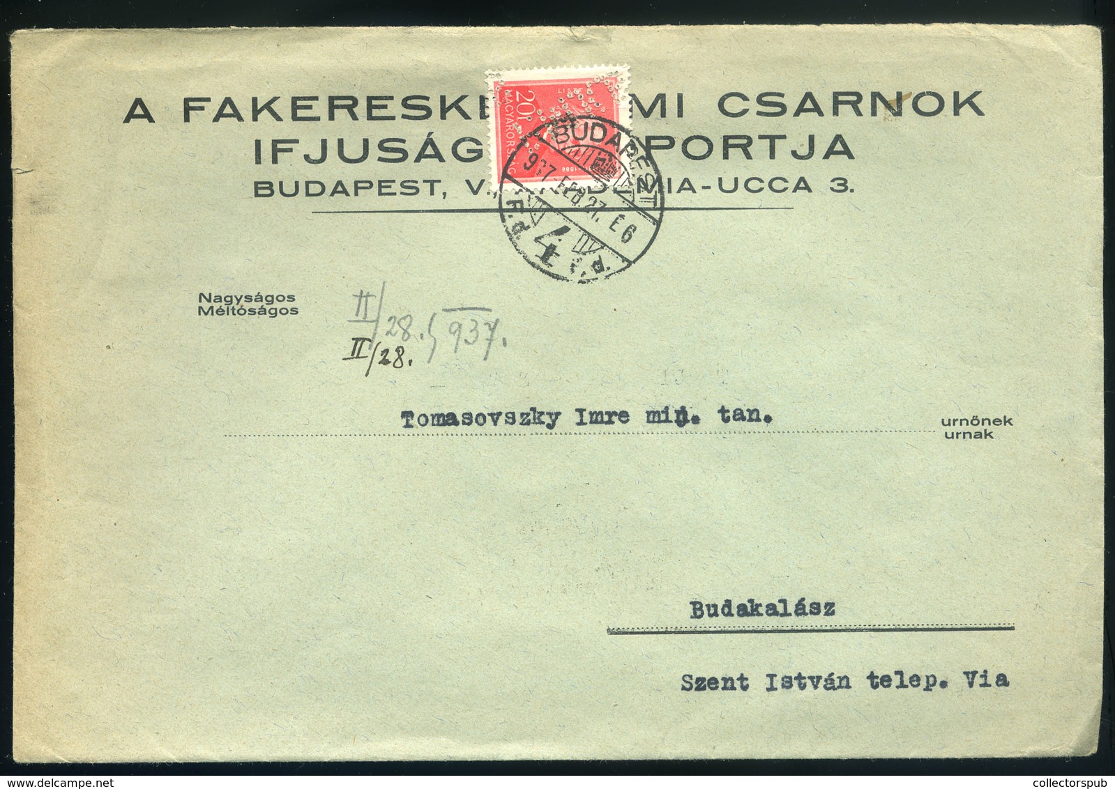 BUDAPEST 1937. Céges Levél, Arcképek 20f Céglyukasztásos Bélyeggel - Lettres & Documents