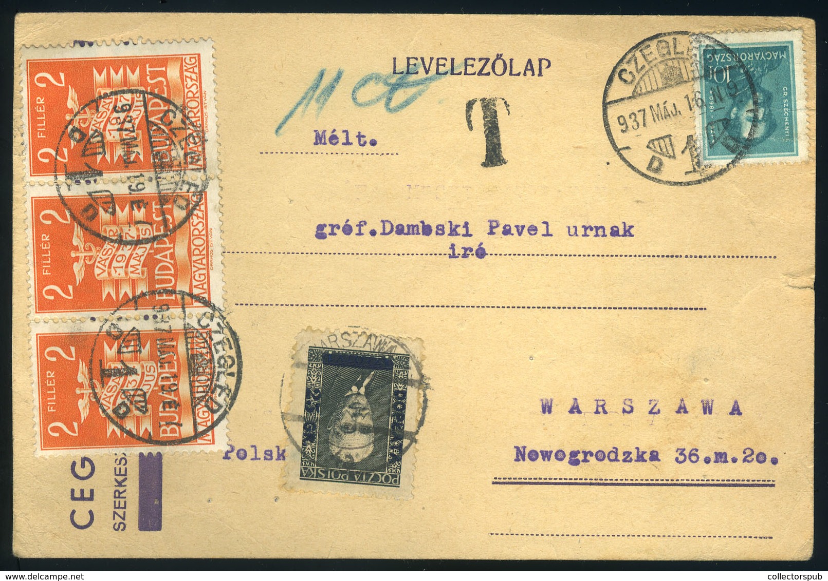 CEGLÉD 1937. Levelezőlap Vegyes Bérmentesítéssel Varsóba Küldve, Lengyel Portózással - Lettres & Documents