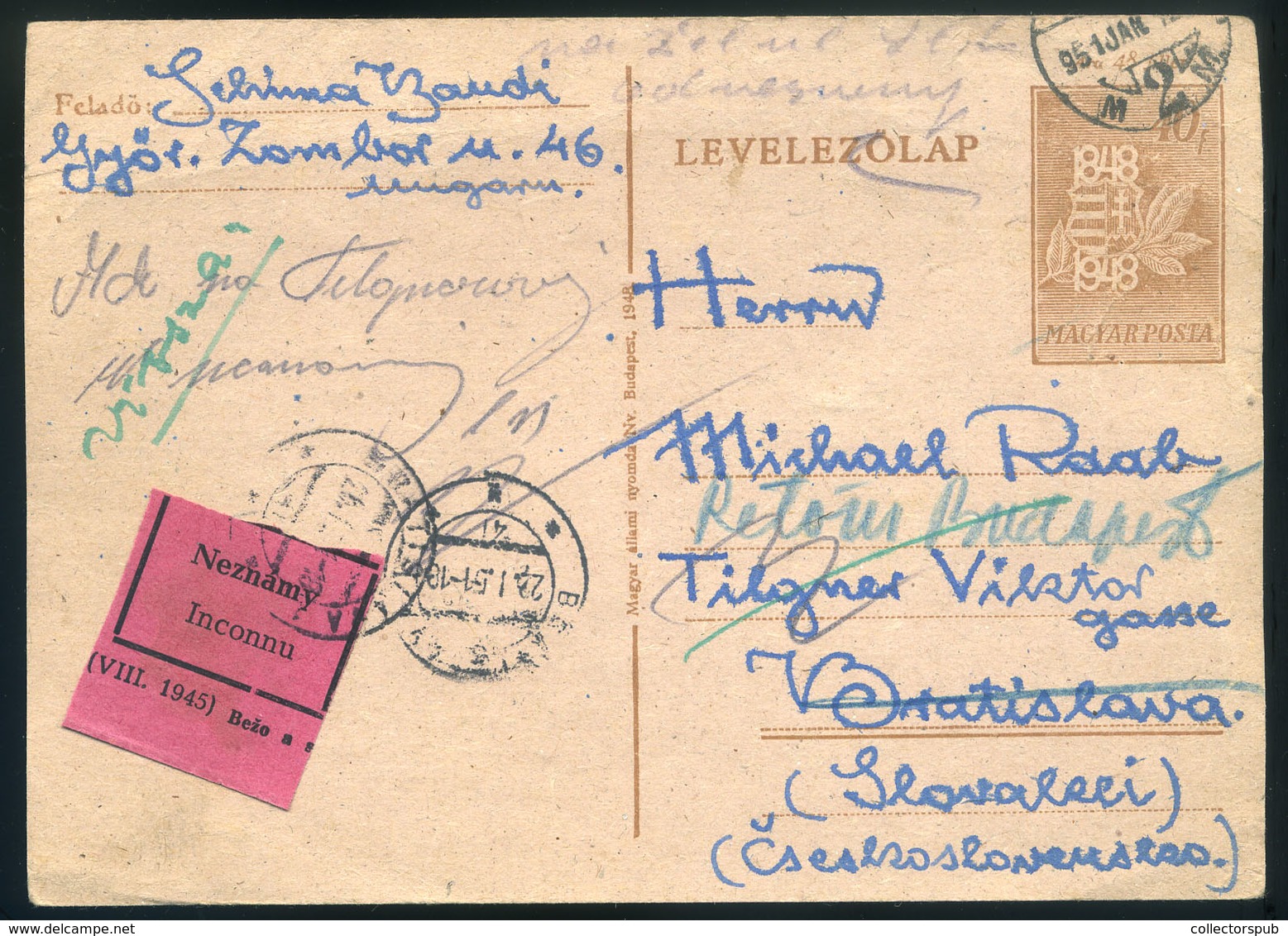 GYŐR 1951. Csehszlovákiából Visszaküldött Díjjegyes Levlap  /  Stationery P.card Returned From Czechoslovakia - Brieven En Documenten